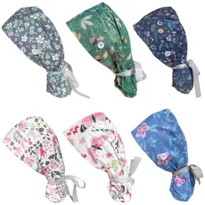 6 PCS Lined Scrub Caps Women Nurse Surgical Hats with Elastic Rubber Band Adjustable Working Cap with Button One Size