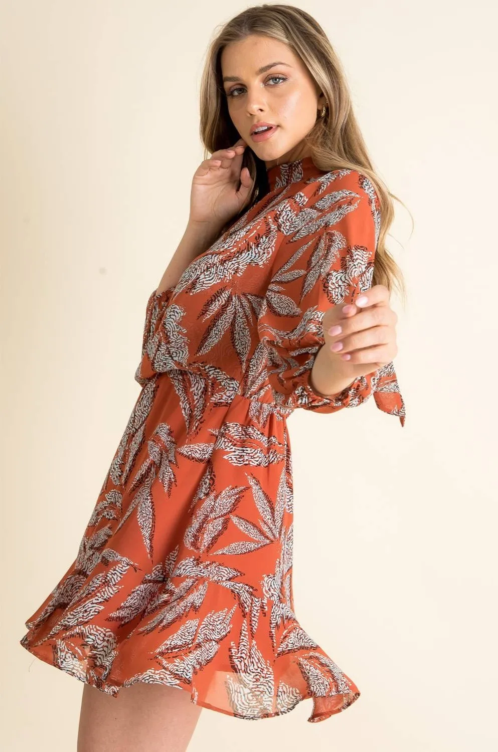 Amberliss Leaf Print High-Neck Dress