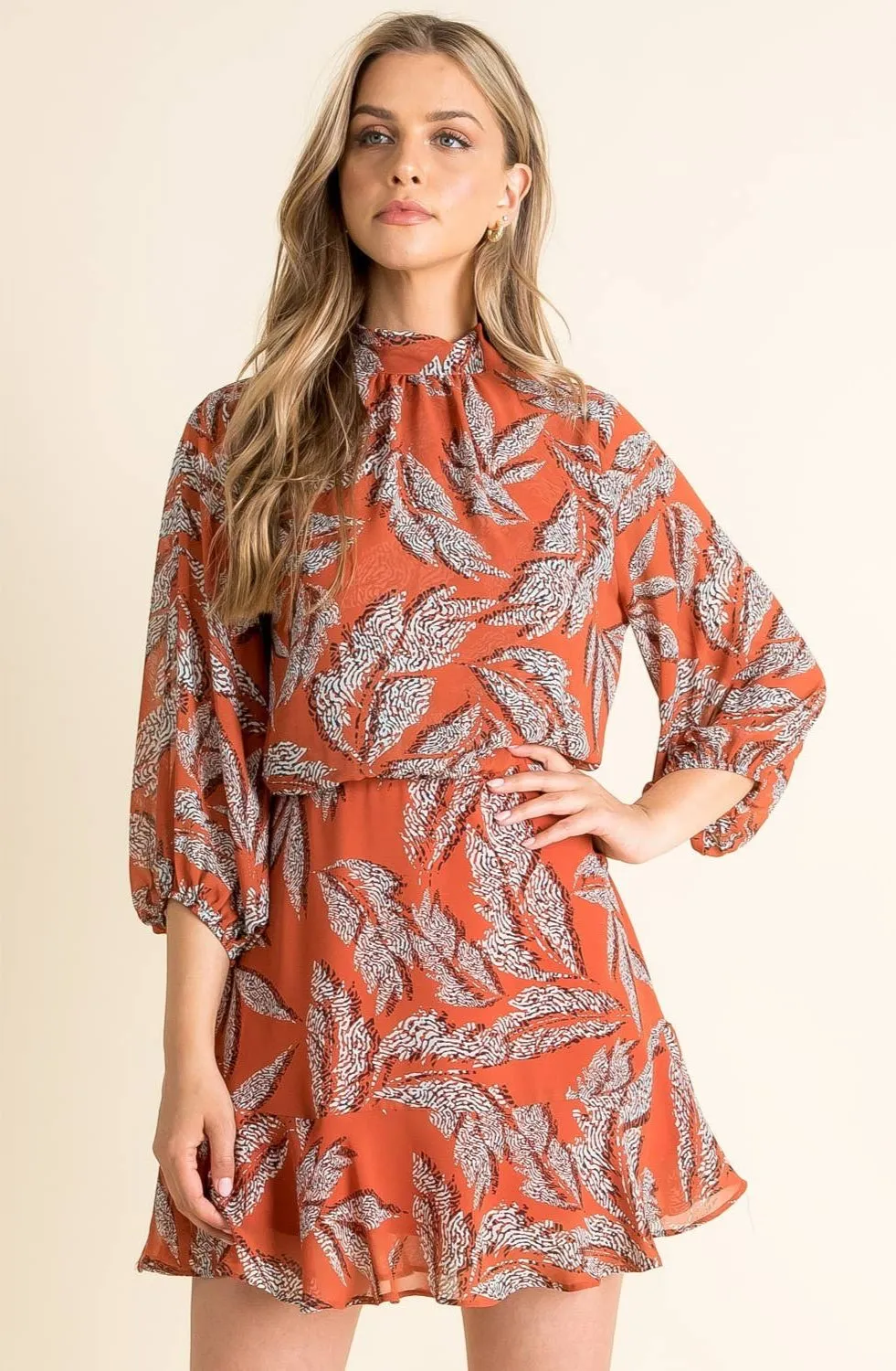 Amberliss Leaf Print High-Neck Dress