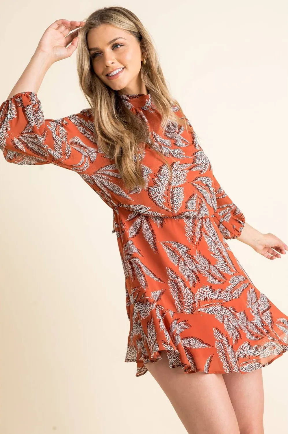 Amberliss Leaf Print High-Neck Dress