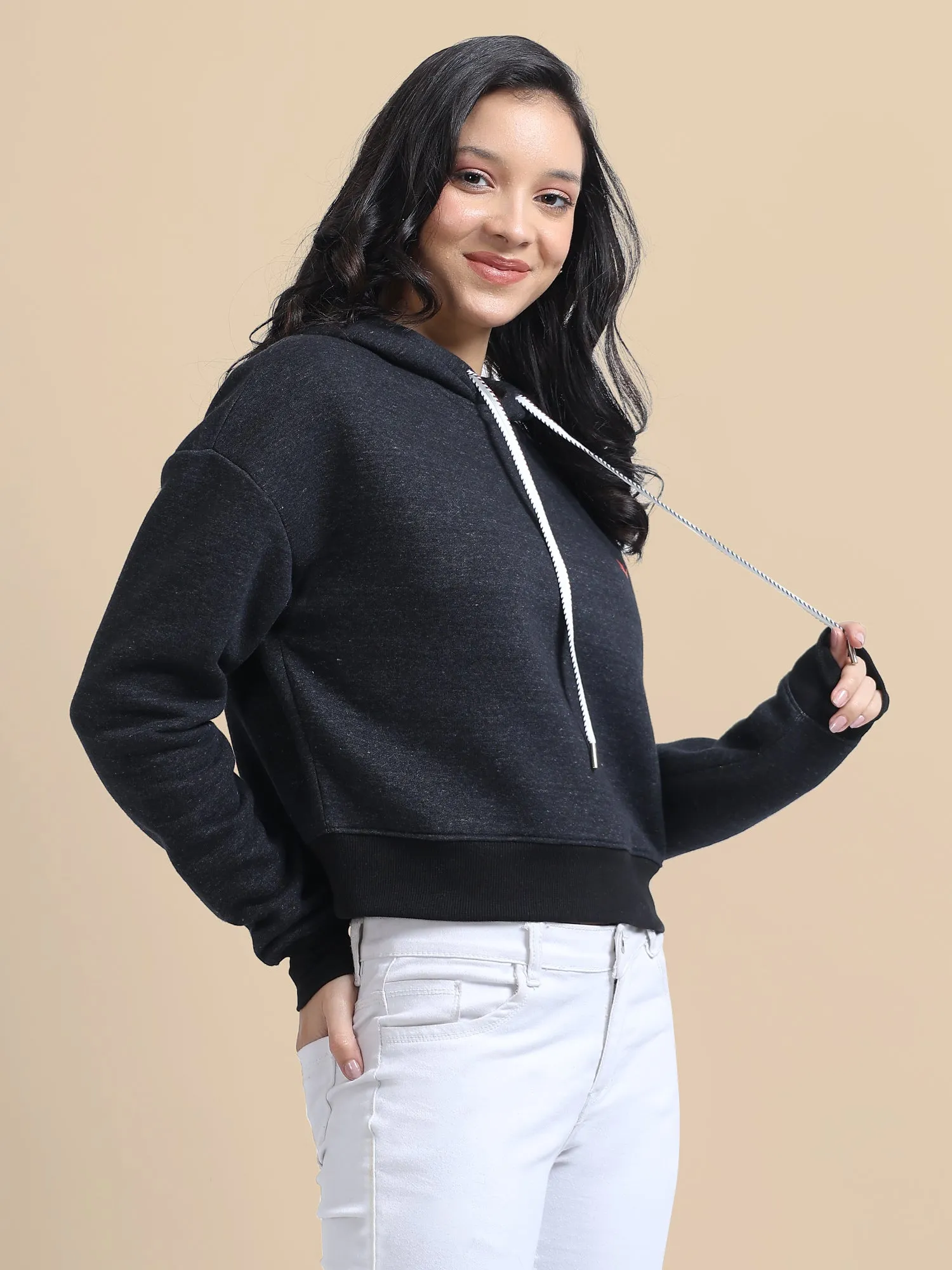 Amswan Women'S Black Solid Full Sleeve Hoodie
