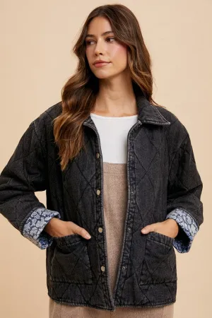 Annie Wear Black Quilted Printed Lining Snap Down Denim Jacket