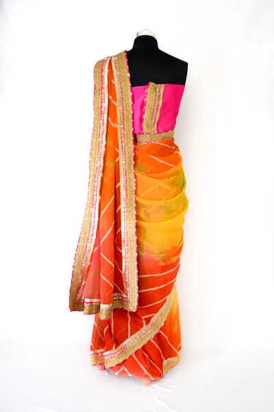 Appealing Orange Yellow Shibori Gotapatti Saree