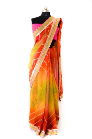 Appealing Orange Yellow Shibori Gotapatti Saree