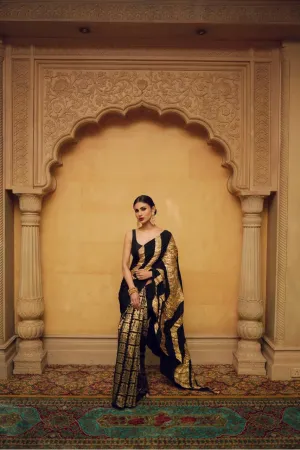BLACK CRINKLE GOTA PALLA SARI WITH BUNCH OF BIRDS PRE- PLEATED PLEATS AND BLOUSE PIECE