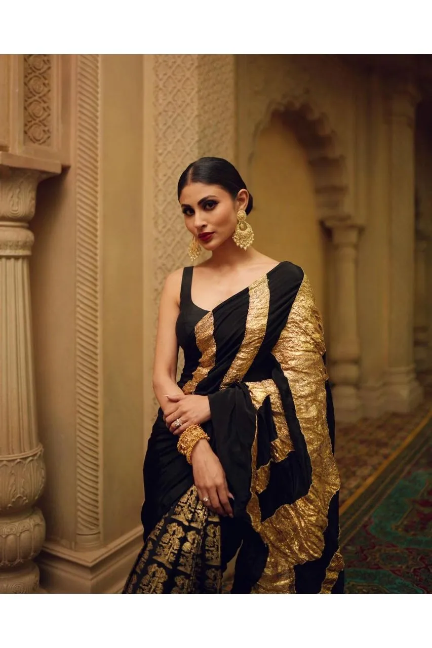 BLACK CRINKLE GOTA PALLA SARI WITH BUNCH OF BIRDS PRE- PLEATED PLEATS AND BLOUSE PIECE