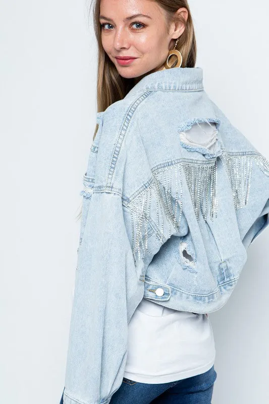 Blue B  Fringe Rhinestone Distressed Denim Jacket