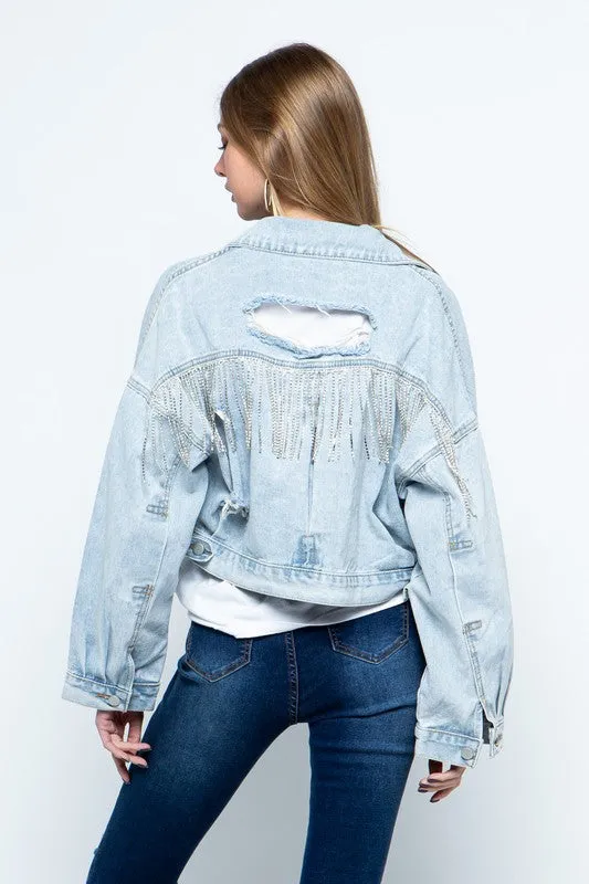 Blue B  Fringe Rhinestone Distressed Denim Jacket