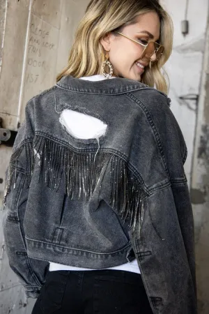 Blue B  Fringe Rhinestone Distressed Denim Jacket