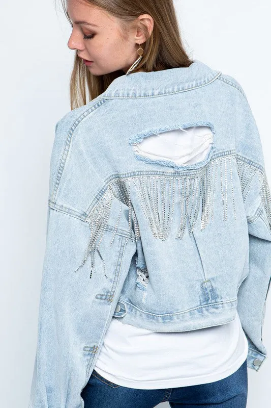 Blue B  Fringe Rhinestone Distressed Denim Jacket