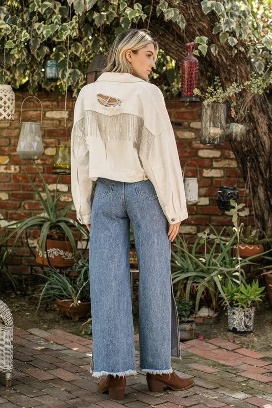 Blue B  Fringe Rhinestone Distressed Denim Jacket