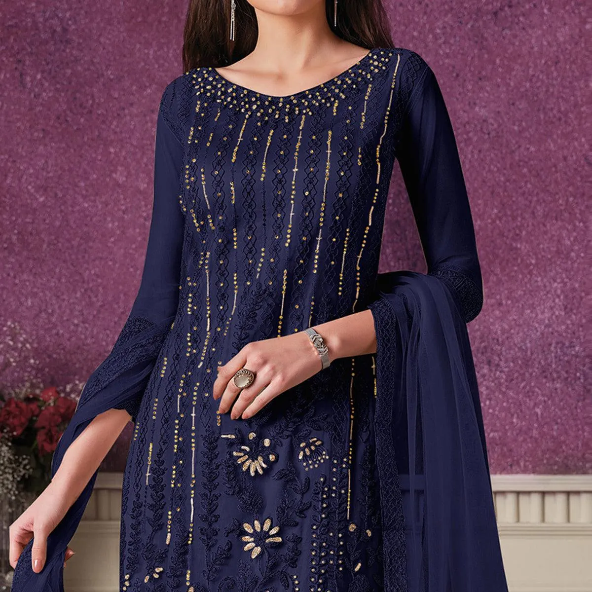 Blue Floral Embroidery Designer Heavy Butterfly Net Partywear Suit