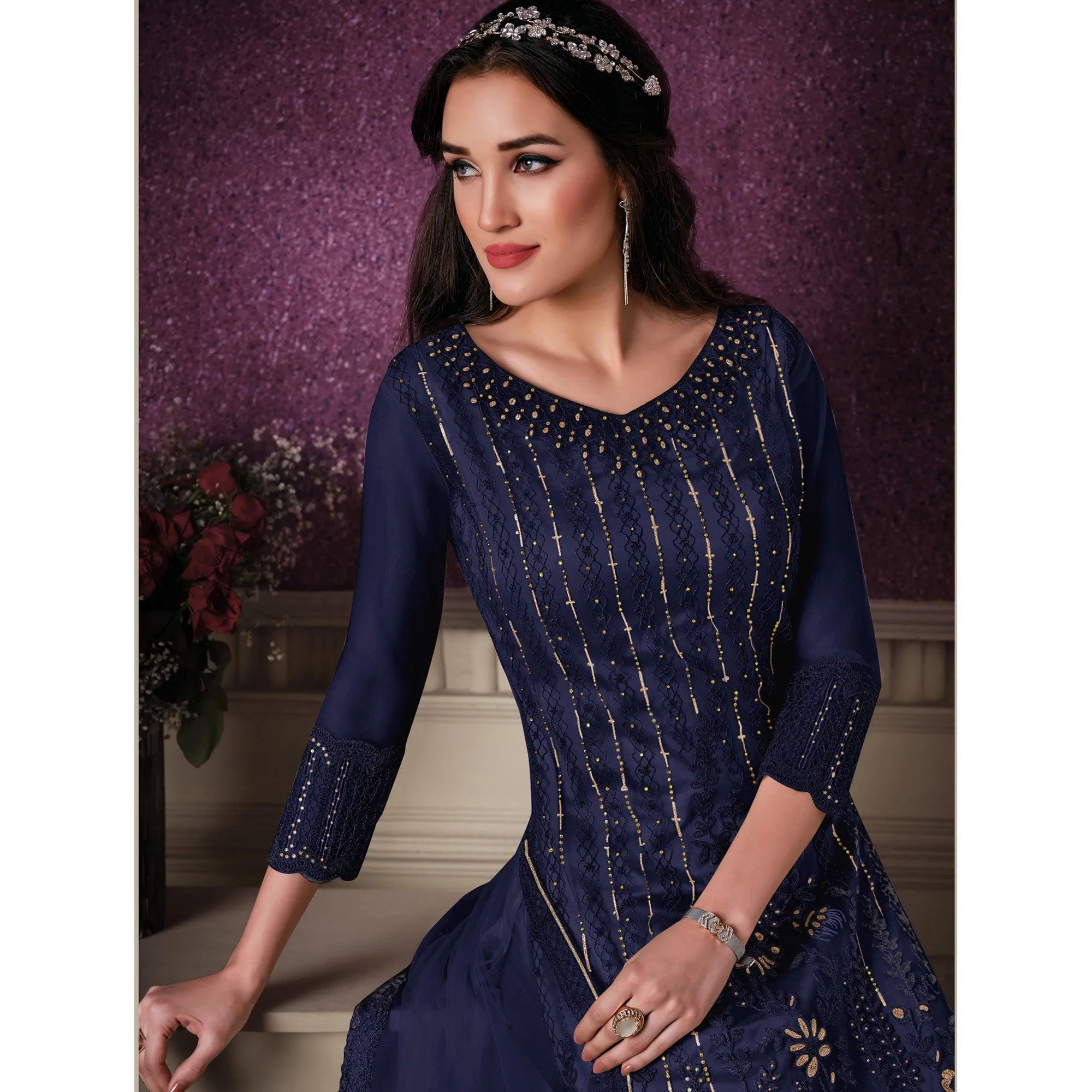 Blue Floral Embroidery Designer Heavy Butterfly Net Partywear Suit