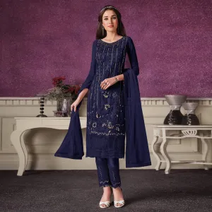 Blue Floral Embroidery Designer Heavy Butterfly Net Partywear Suit