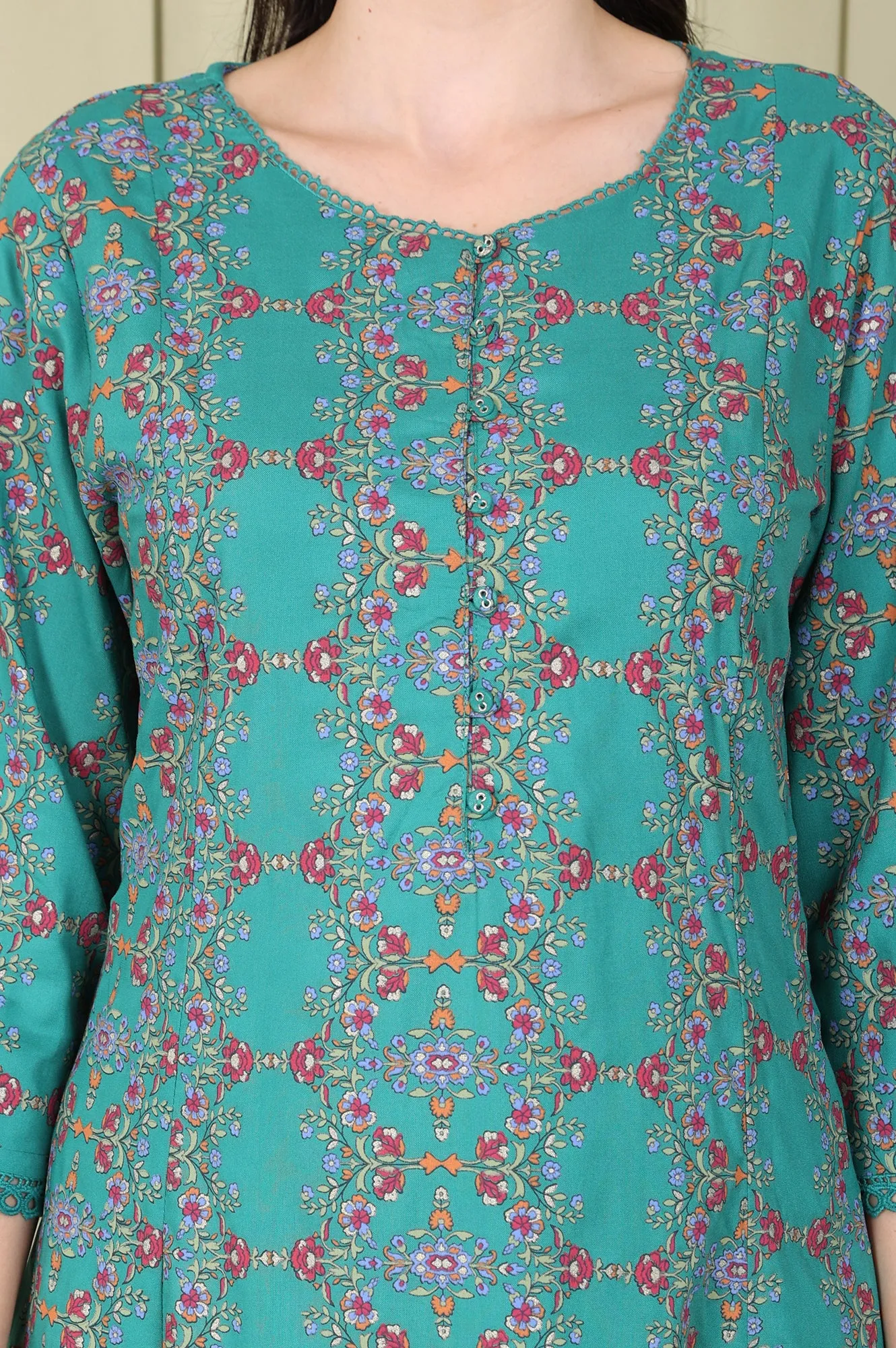 Blue Floral Printed Flared Rayon Kurta And Straight Pants Set