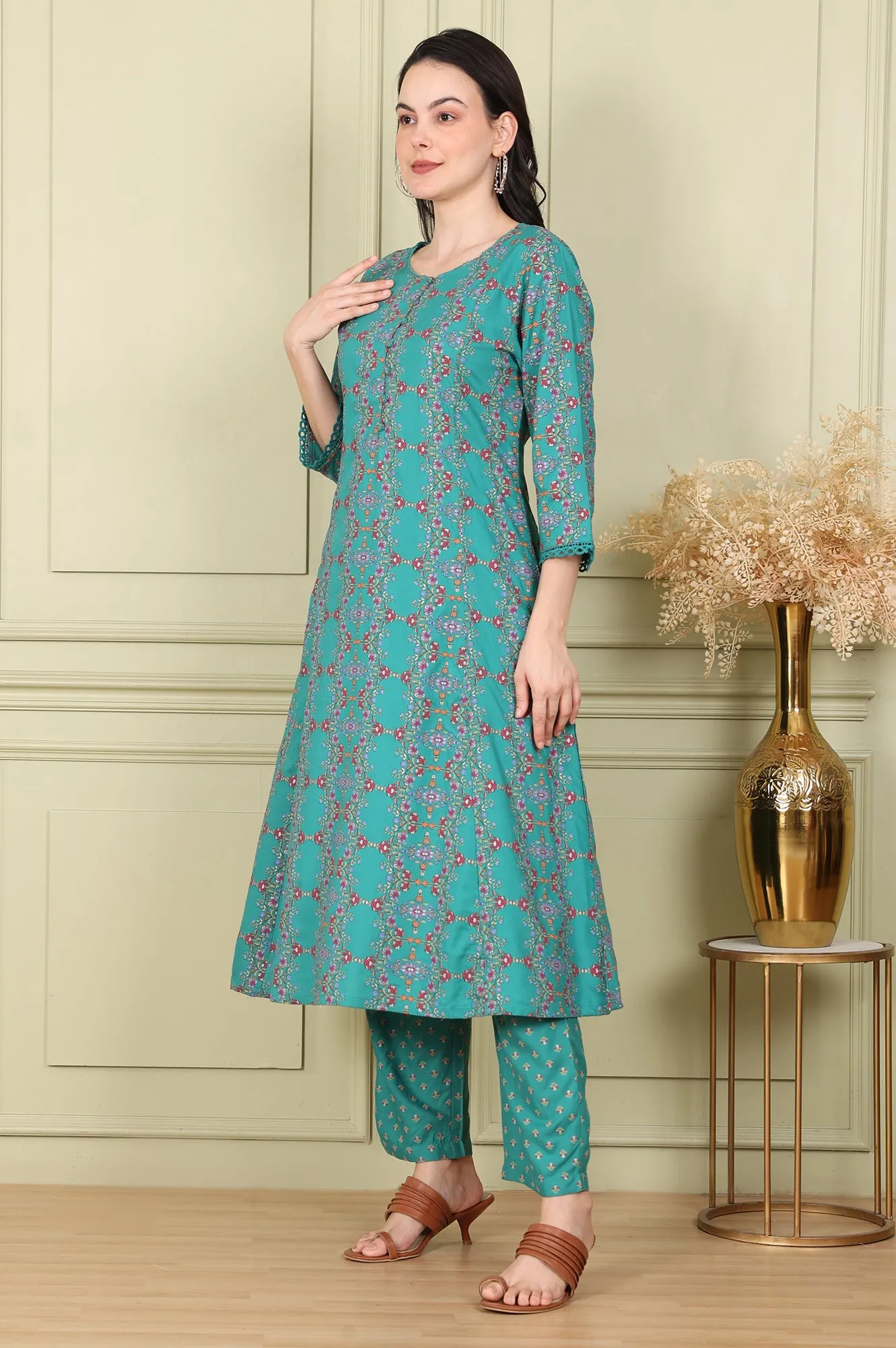 Blue Floral Printed Flared Rayon Kurta And Straight Pants Set