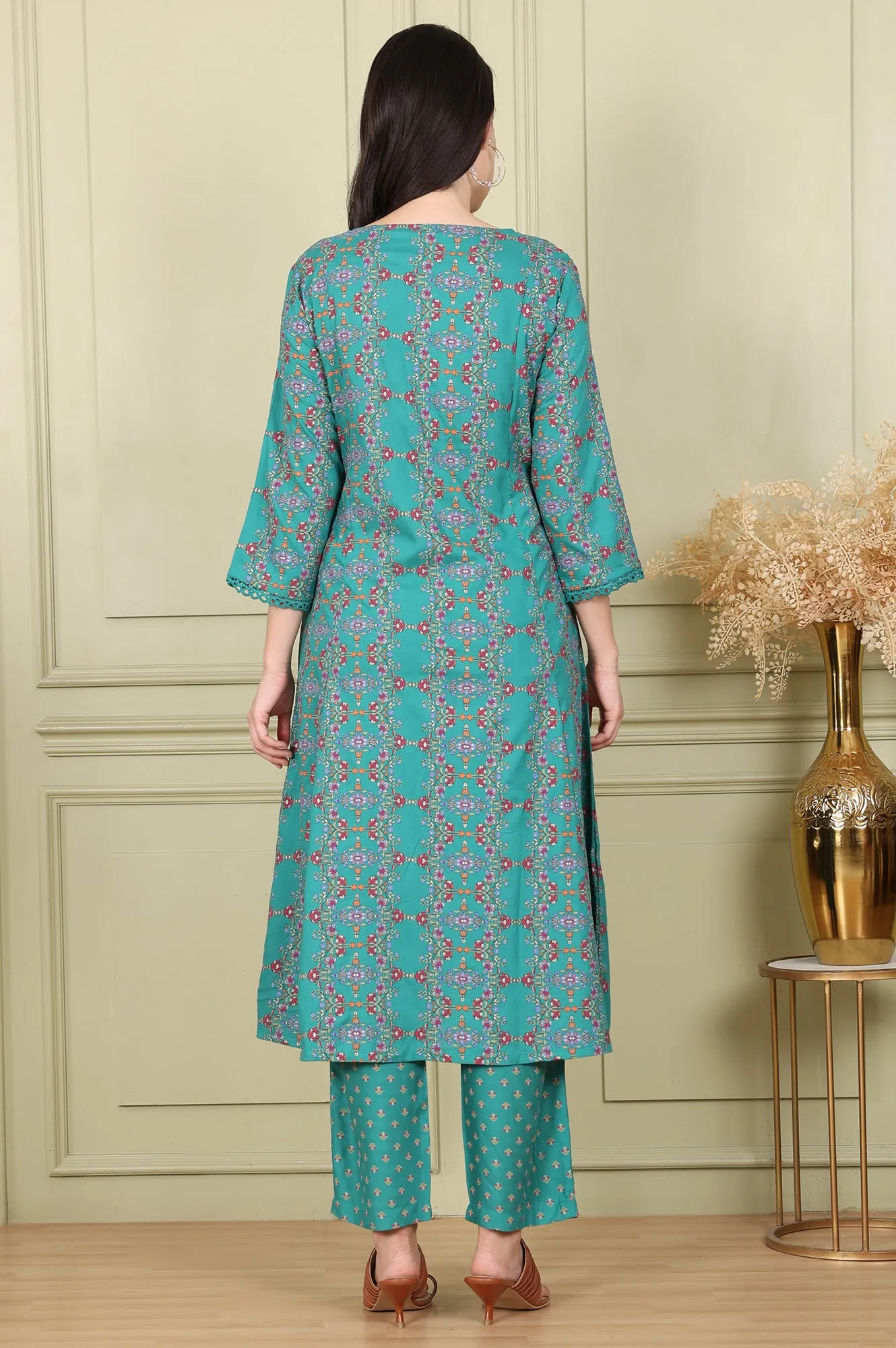 Blue Floral Printed Flared Rayon Kurta And Straight Pants Set