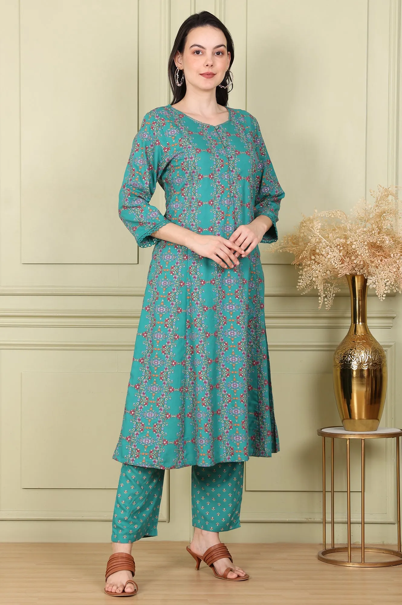 Blue Floral Printed Flared Rayon Kurta And Straight Pants Set