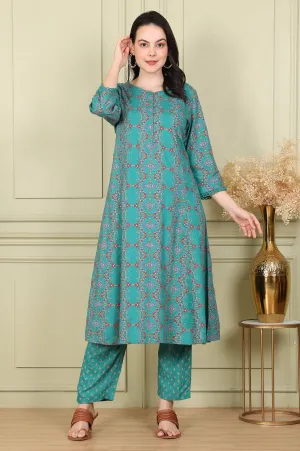 Blue Floral Printed Flared Rayon Kurta And Straight Pants Set
