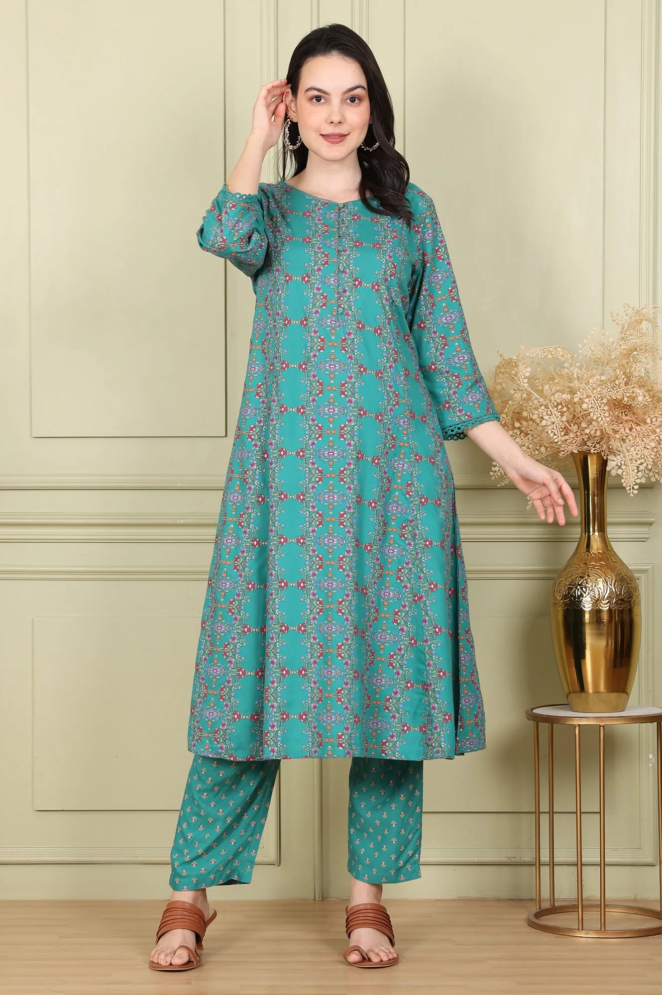 Blue Floral Printed Flared Rayon Kurta And Straight Pants Set
