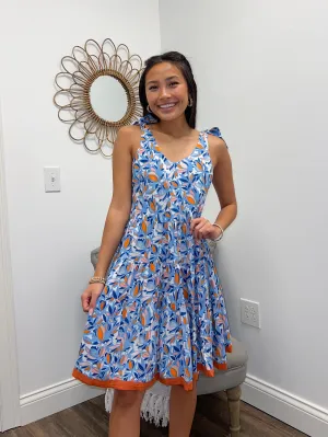 Blue Leaf Pattern Tie Strap Tiered Dress
