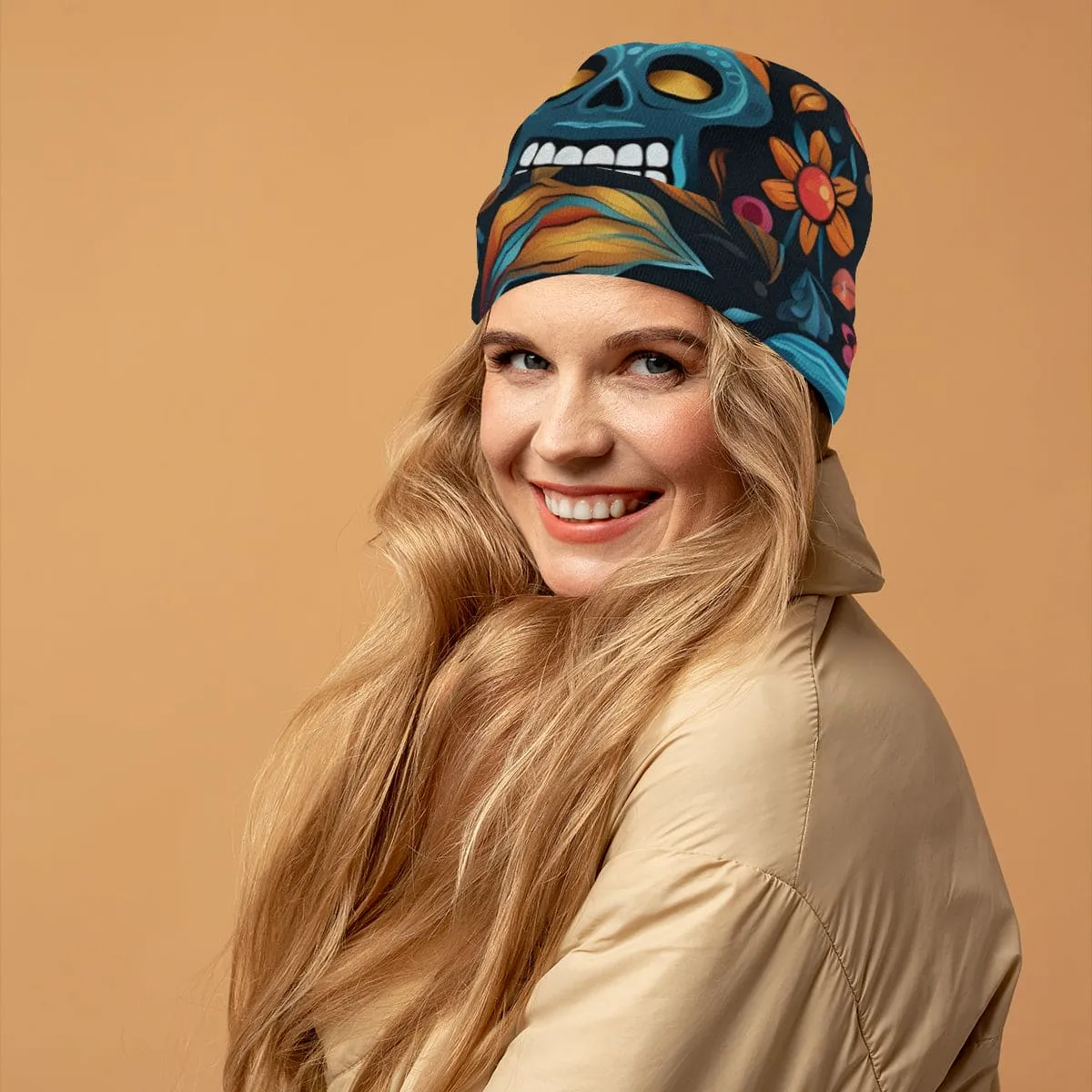 Blue Sugar Skull Thick Knit Beanie