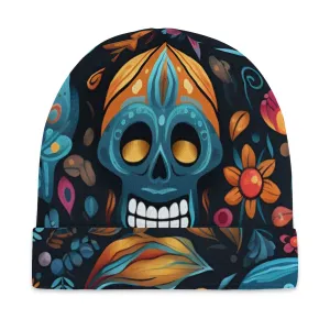 Blue Sugar Skull Thick Knit Beanie