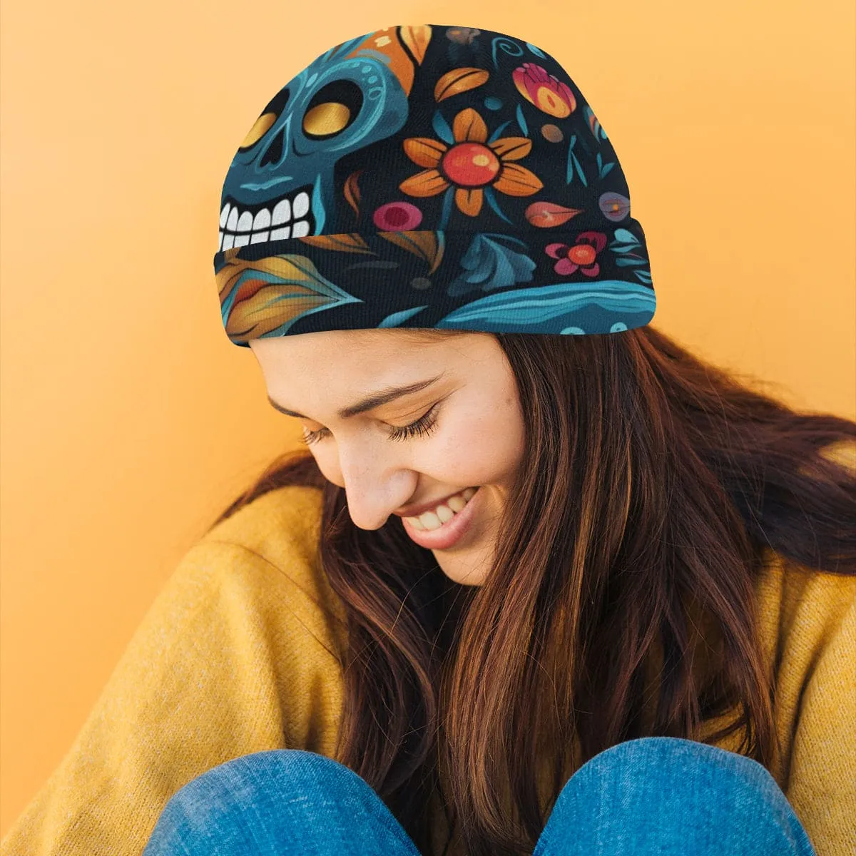 Blue Sugar Skull Thick Knit Beanie
