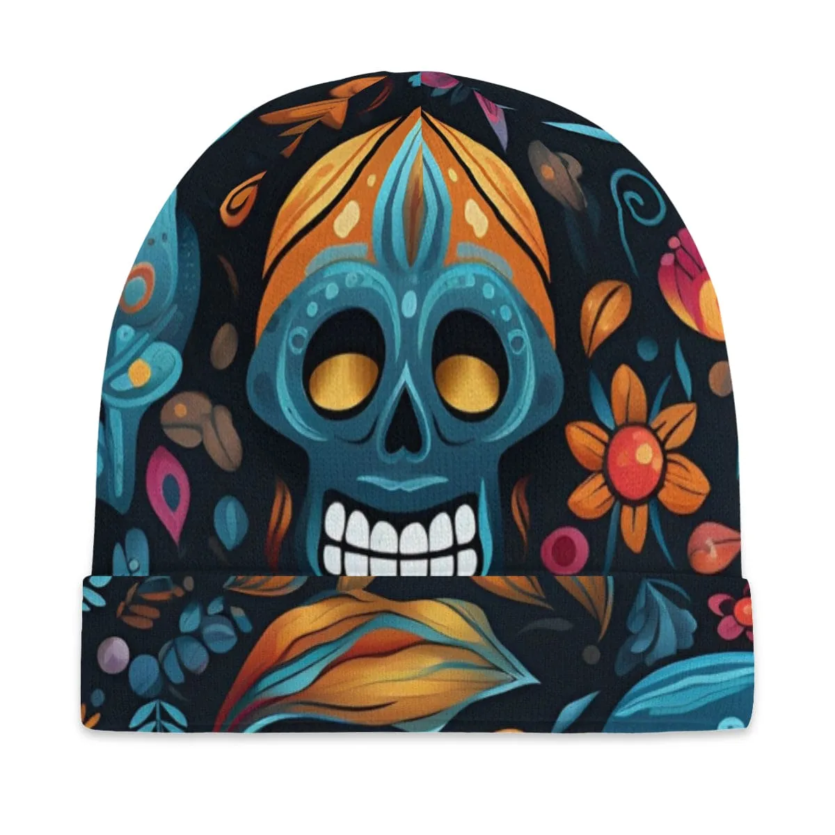 Blue Sugar Skull Thick Knit Beanie