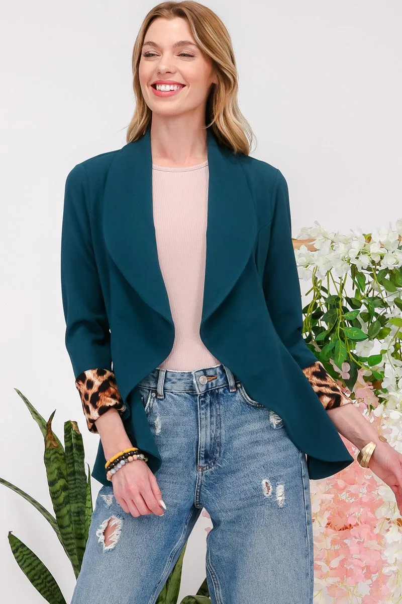 Celeste Hunter Green Rolled Leopard Cuff Open Front Blazer