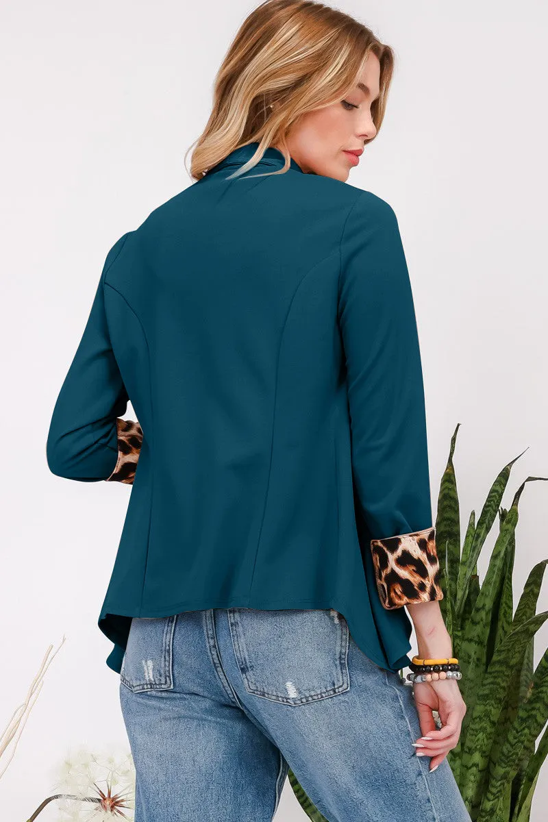 Celeste Hunter Green Rolled Leopard Cuff Open Front Blazer