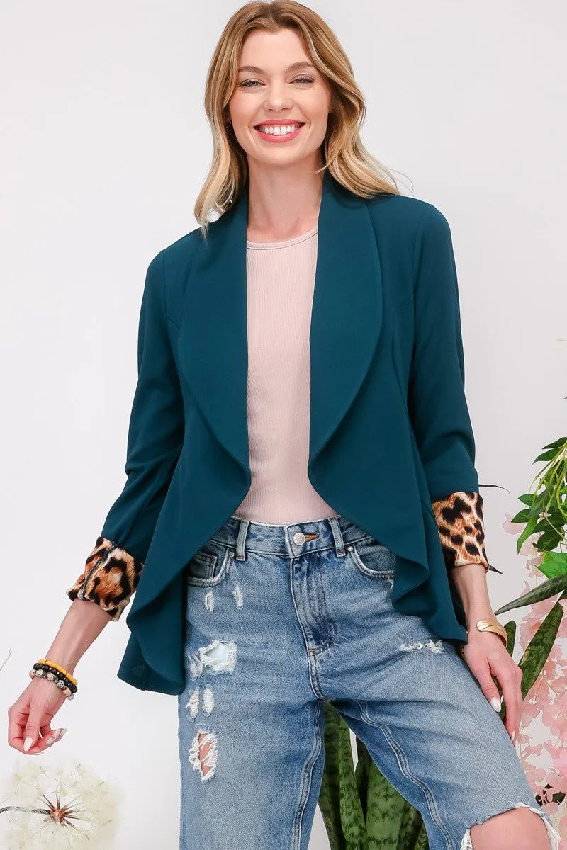 Celeste Hunter Green Rolled Leopard Cuff Open Front Blazer