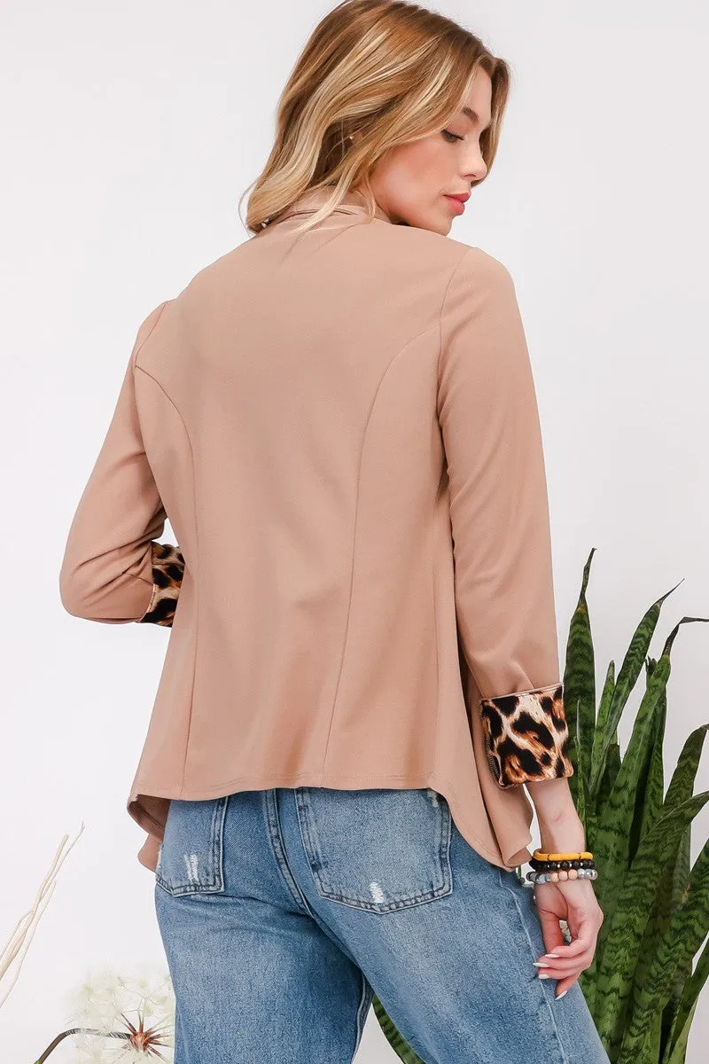Celeste Mocha Rolled Leopard Cuff Open Front Blazer