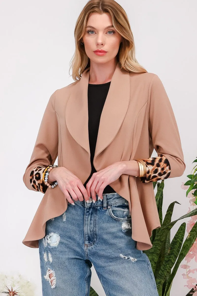 Celeste Mocha Rolled Leopard Cuff Open Front Blazer