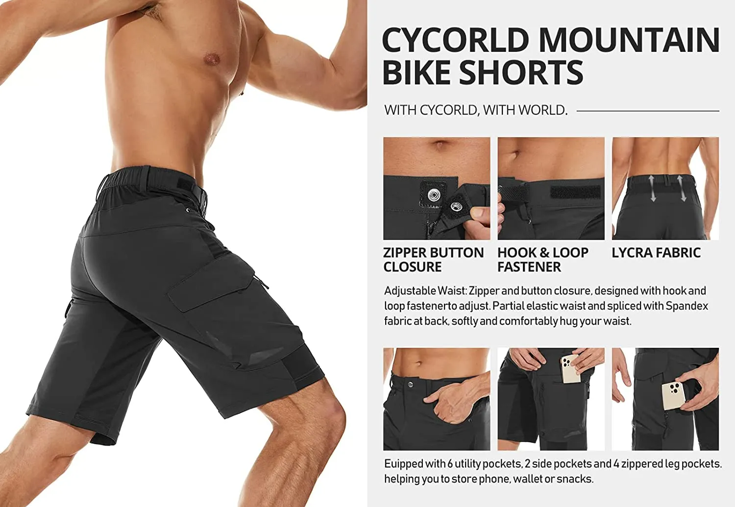 Cycorld Mens-Mountain-Bike-Shorts, Loose Fit with Zippered Pockets, MTB, Cycling,Hiking,Cargo,Outdoor Lightweight Shorts