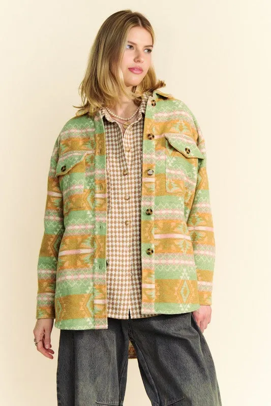 Davi & Dani Gum Leaf High-Low Aztec Geometric Long Sleeve Shirt Jacket