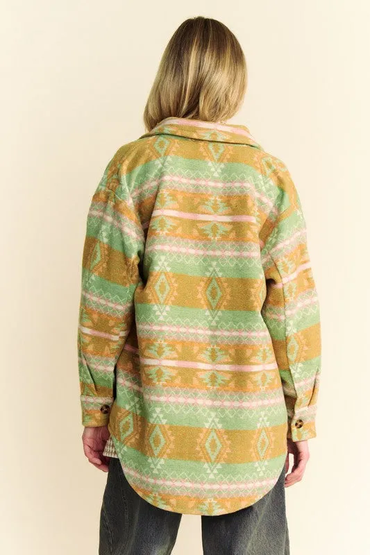 Davi & Dani Gum Leaf High-Low Aztec Geometric Long Sleeve Shirt Jacket