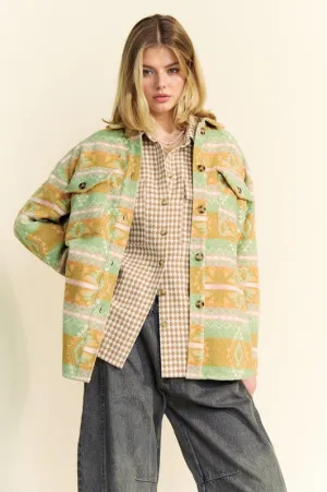 Davi & Dani Gum Leaf High-Low Aztec Geometric Long Sleeve Shirt Jacket
