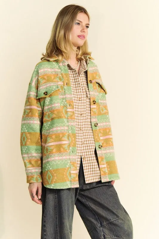 Davi & Dani Gum Leaf High-Low Aztec Geometric Long Sleeve Shirt Jacket