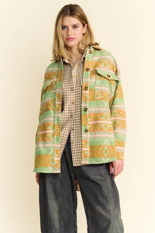 Davi & Dani Gum Leaf High-Low Aztec Geometric Long Sleeve Shirt Jacket