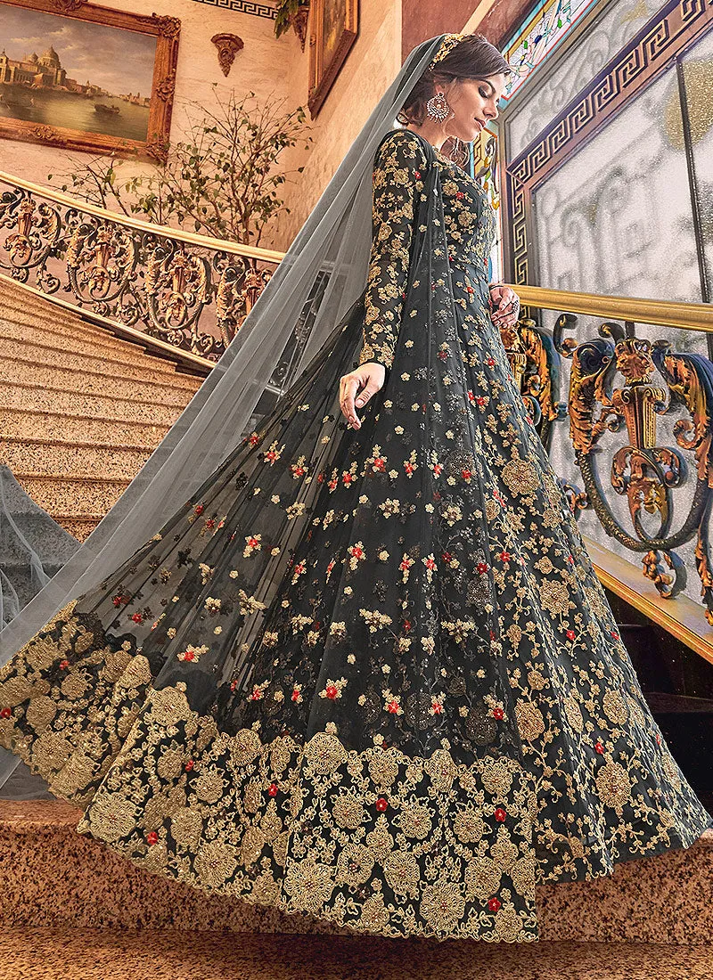 Deep Grey Embroidered Designer Jacket Anarkali Suit