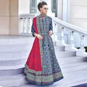 Exotic Navy Blue Colored Partywear Designer Digital Patola Print Killer Silk Anarkali Suit