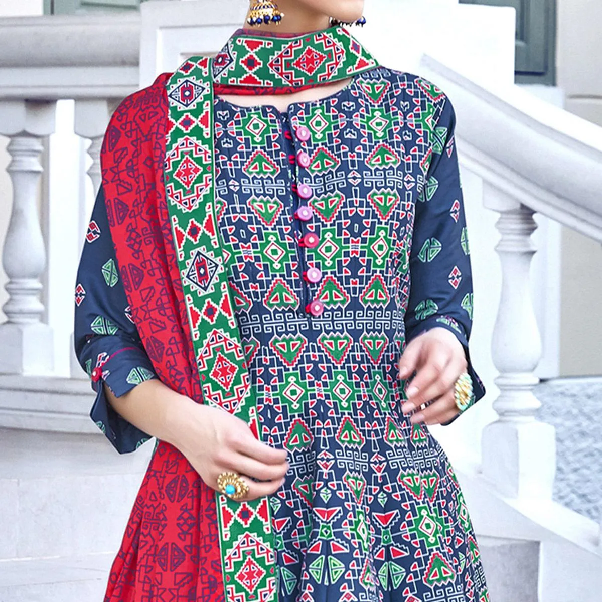 Exotic Navy Blue Colored Partywear Designer Digital Patola Print Killer Silk Anarkali Suit