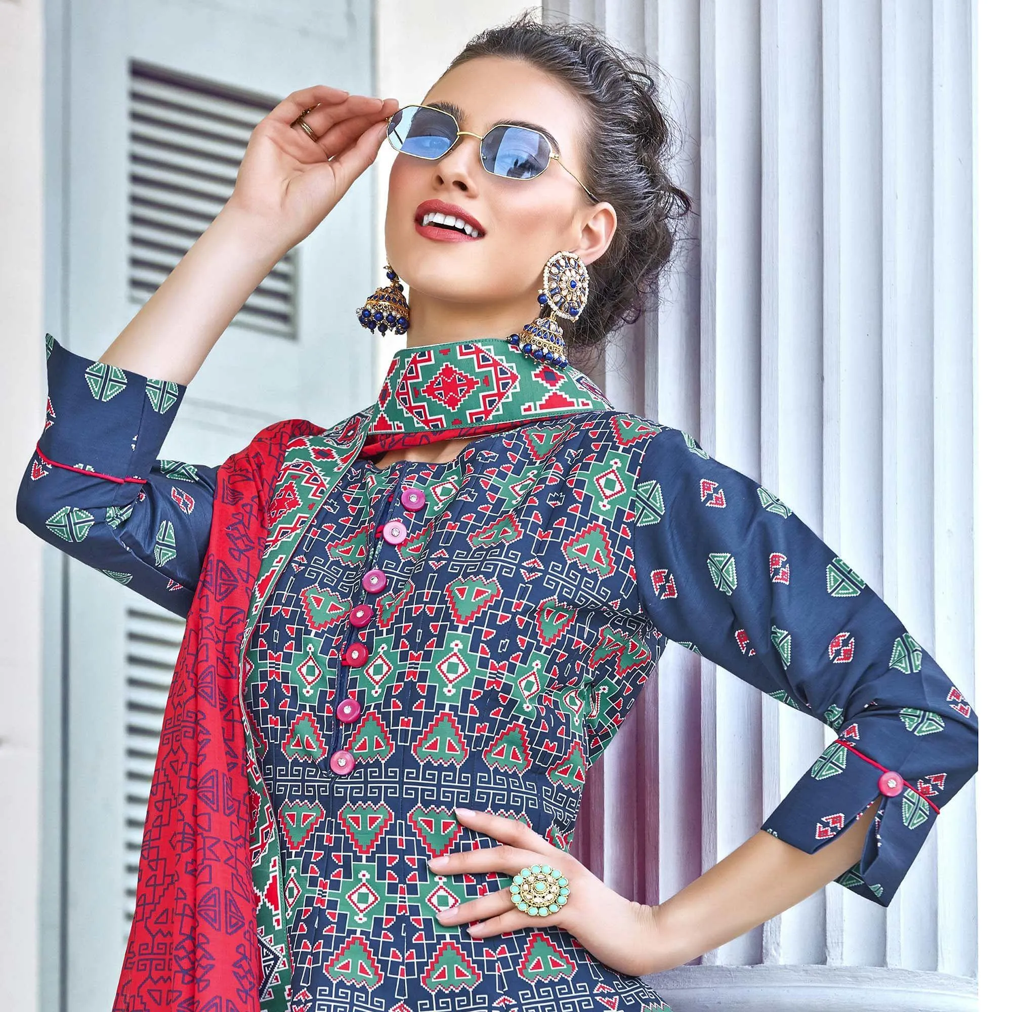 Exotic Navy Blue Colored Partywear Designer Digital Patola Print Killer Silk Anarkali Suit