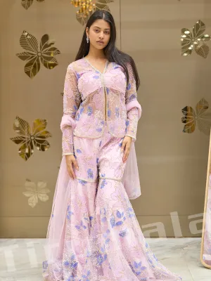 Graceful Lavender Net Palazzo Set With Hand Embroidery & Lace Work
