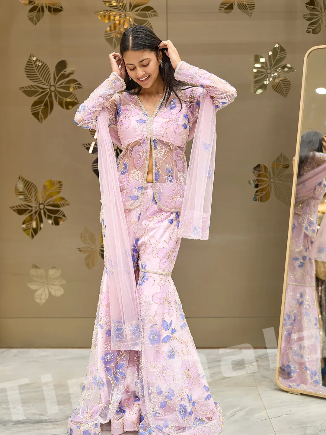 Graceful Lavender Net Palazzo Set With Hand Embroidery & Lace Work