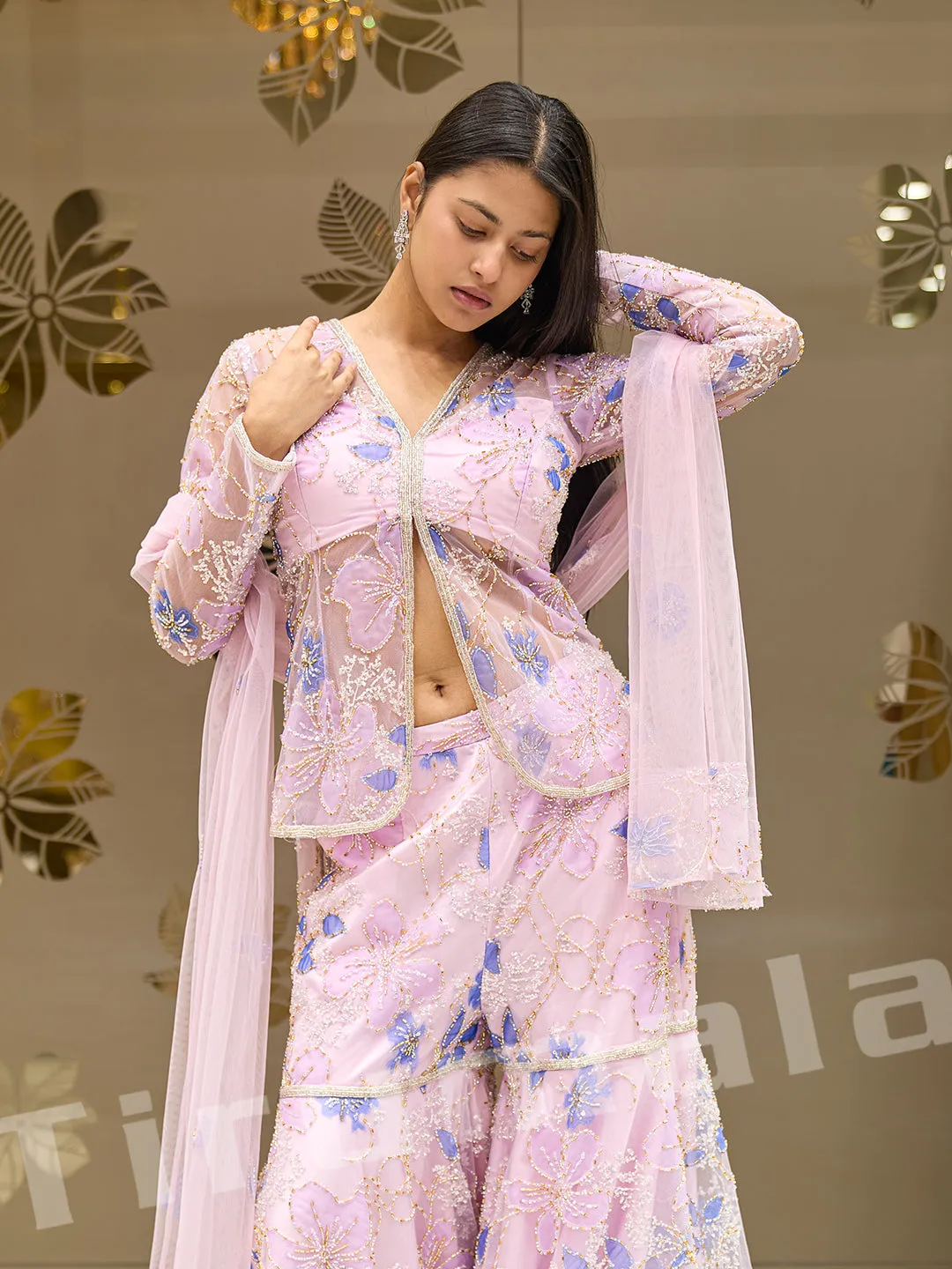 Graceful Lavender Net Palazzo Set With Hand Embroidery & Lace Work