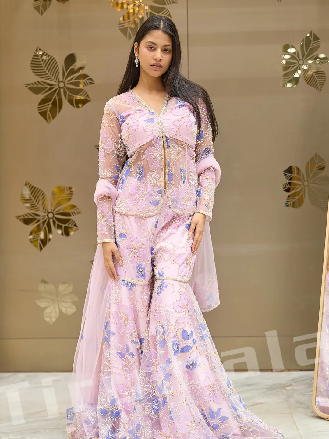 Graceful Lavender Net Palazzo Set With Hand Embroidery & Lace Work