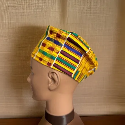 Green/Yellow/Gold Style1 Kente Print African Kufi Hat with Matching Mask