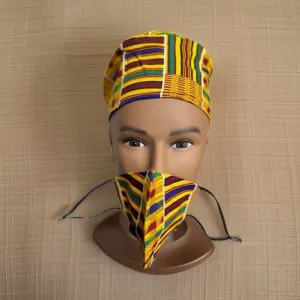 Green/Yellow/Gold Style1 Kente Print African Kufi Hat with Matching Mask